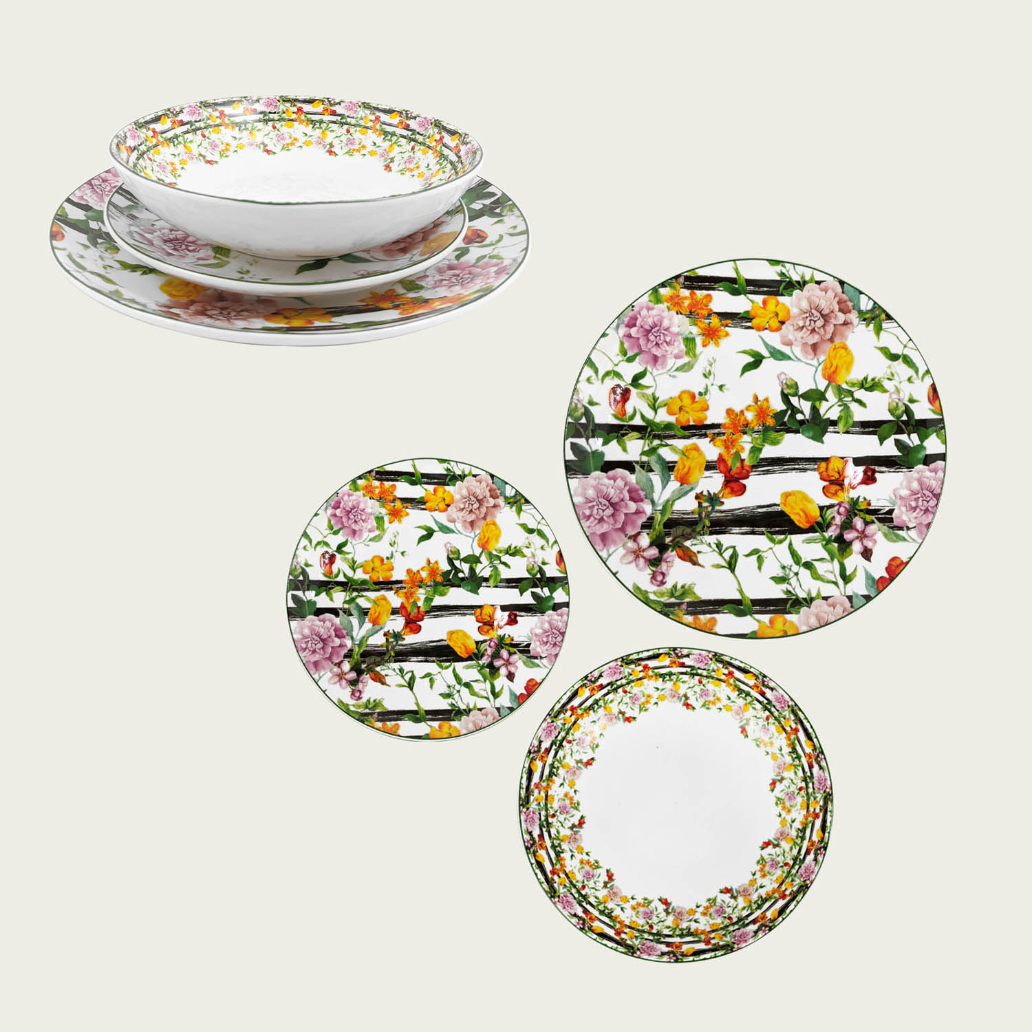 SET 18 PIATTI COORDINATI FLORA IN PORCELLANA