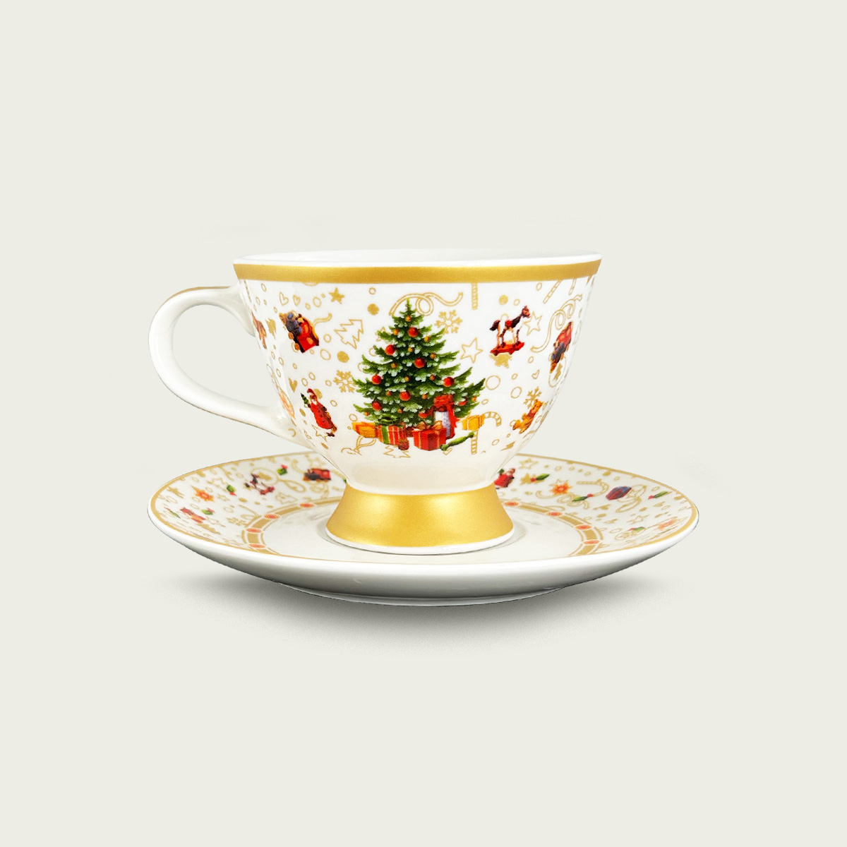 Tazza christmas tree gold con piattino in porcellana